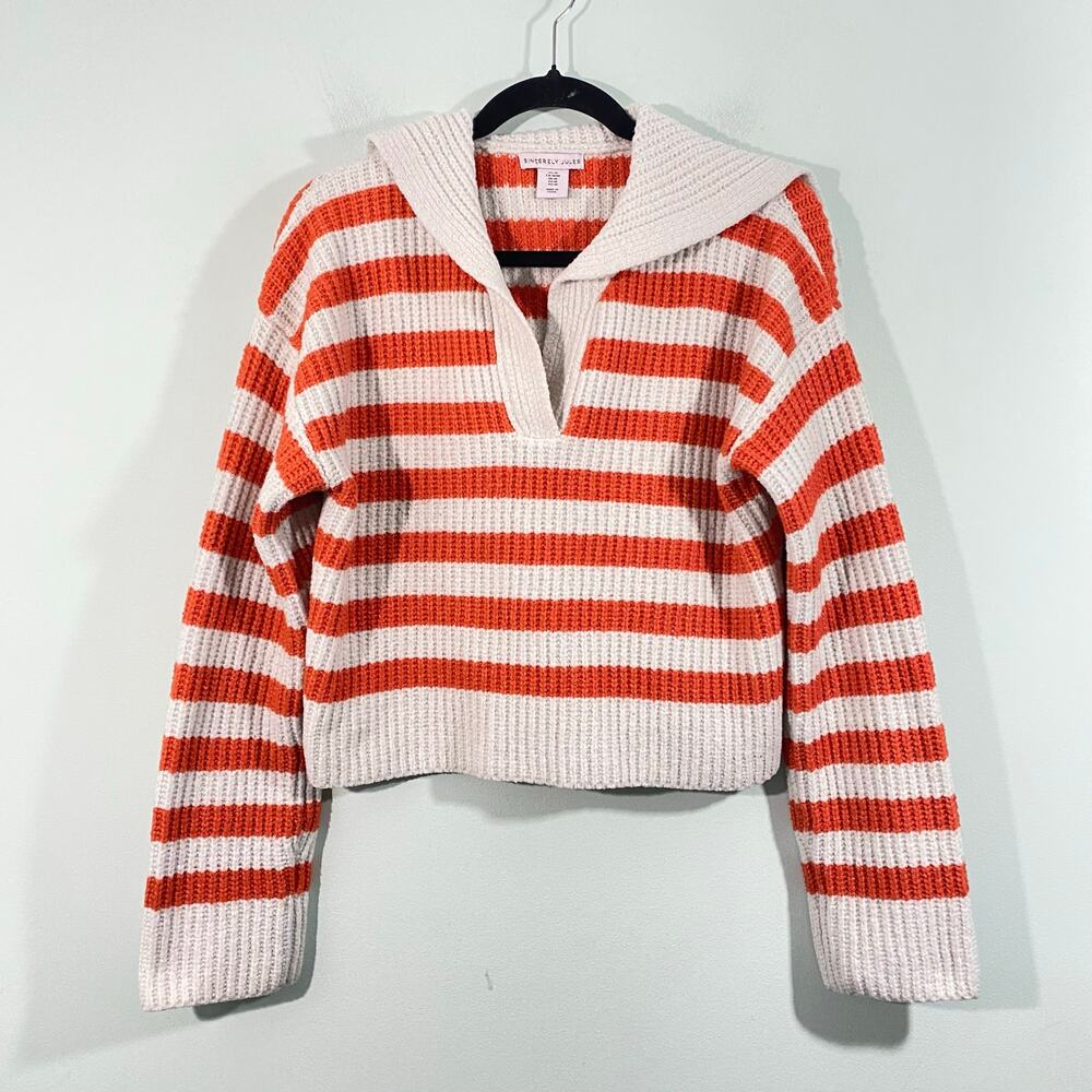 Sincerely Jules Women Cream & Orange V-neck Collared Chucky Knit Sweater Size M